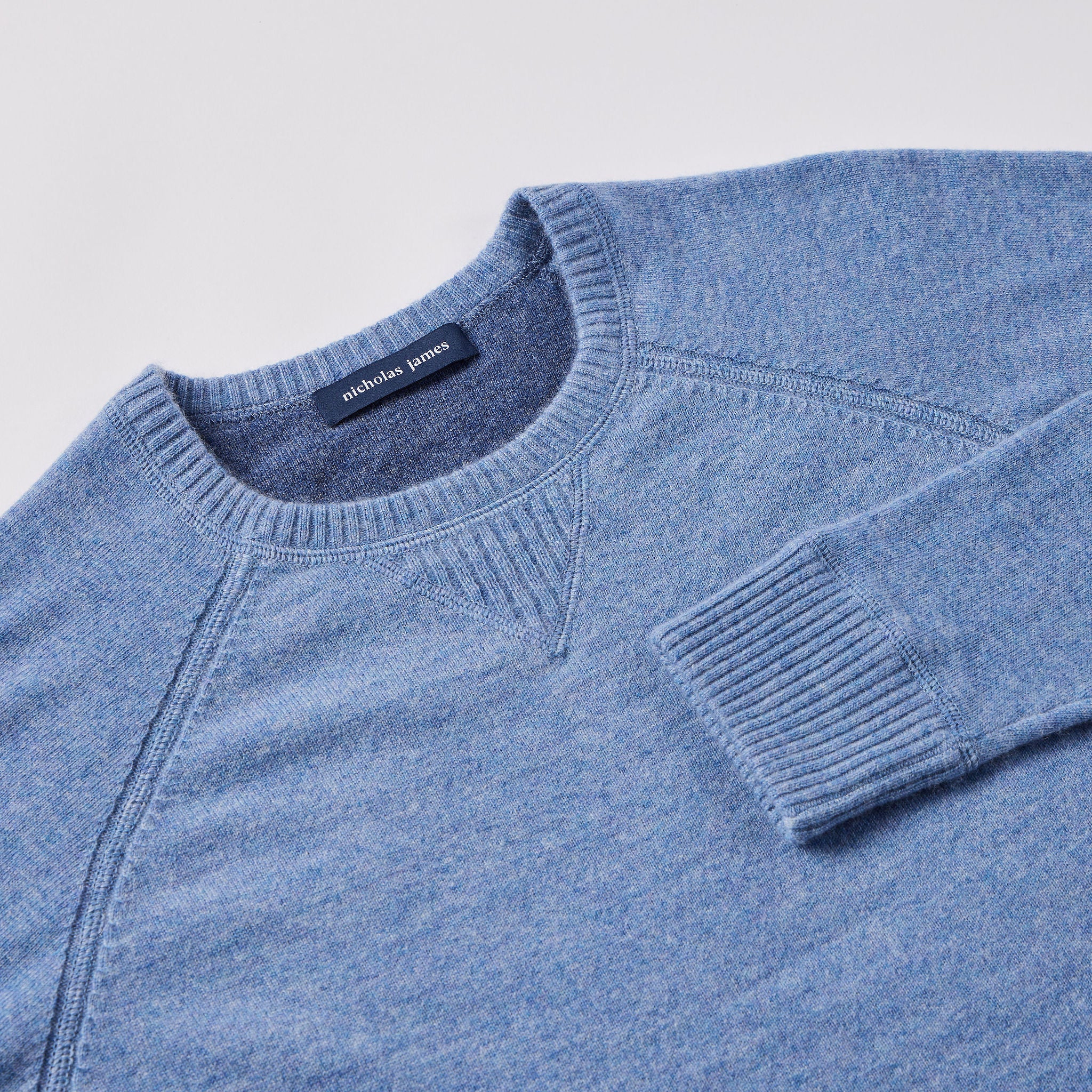 Blue Cashmere sweater proportioned for shorter men