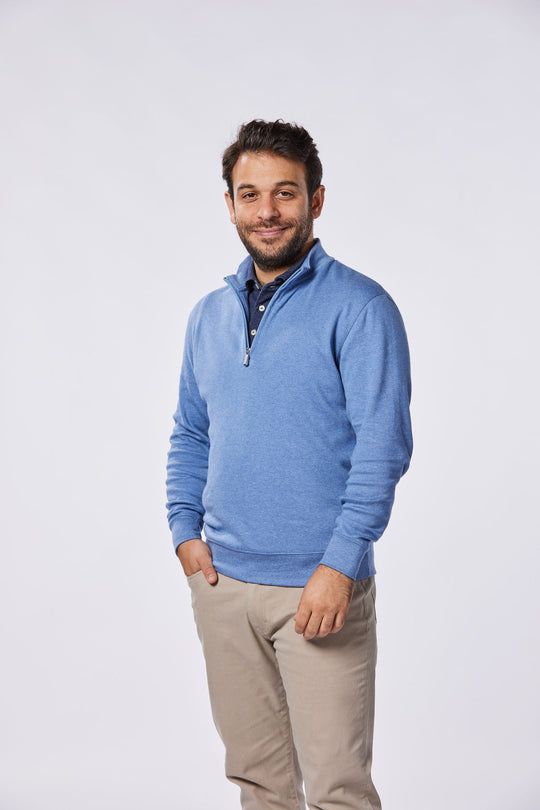 Nicholas James Pima Cotton Quarter Zip in chambray blue heather