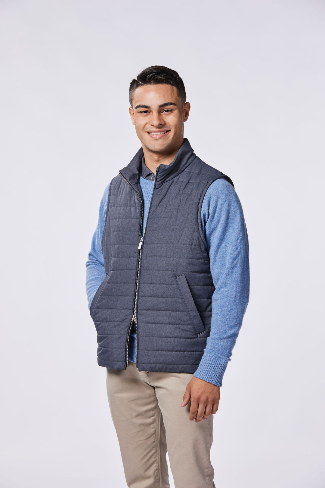 Nicholas James Steel Grey Performance Vest  showing double zip on a model