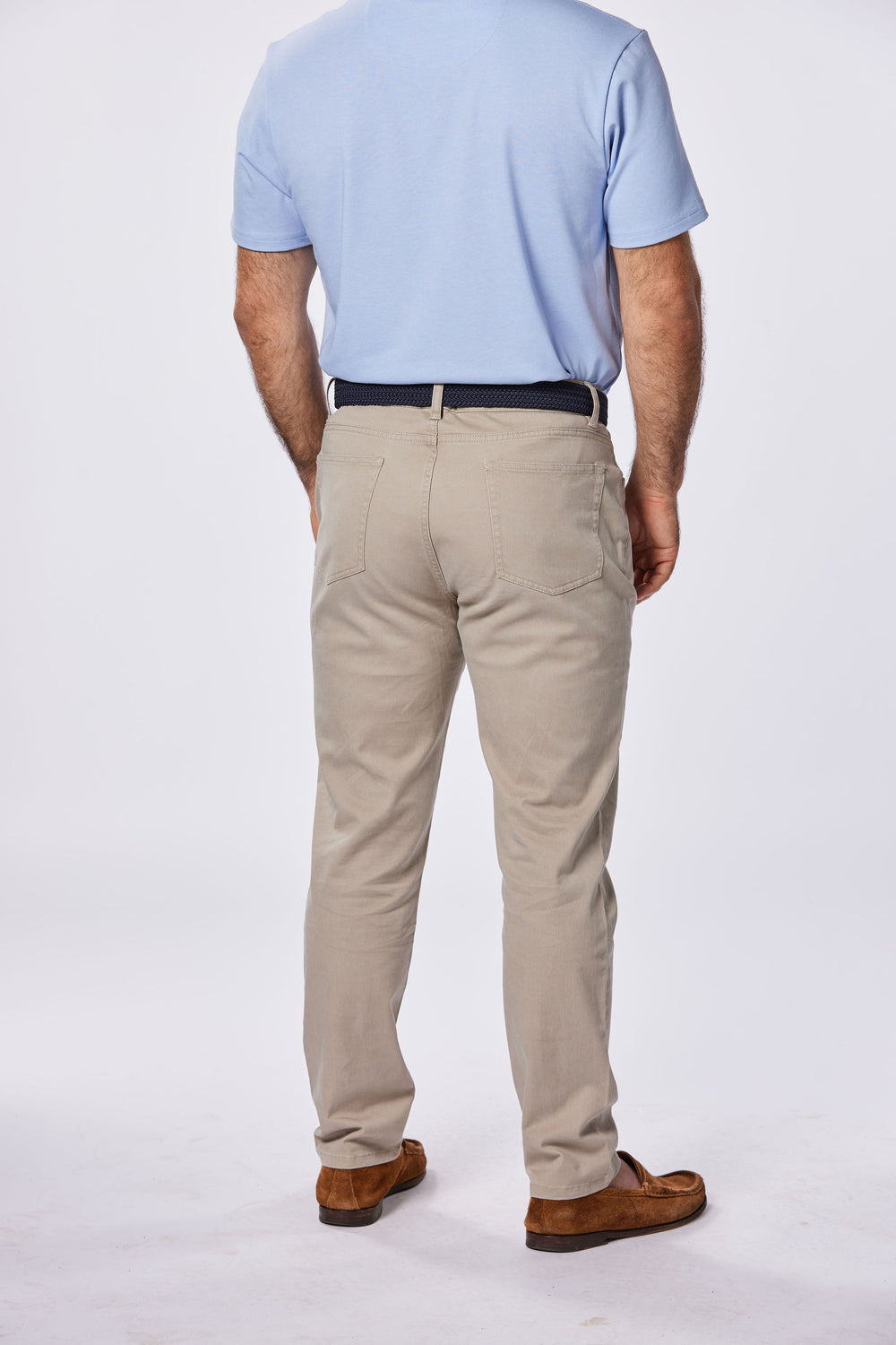 Nicholas James 5 pocket pant in Khaki color designed for men under 5"9" shown from behind