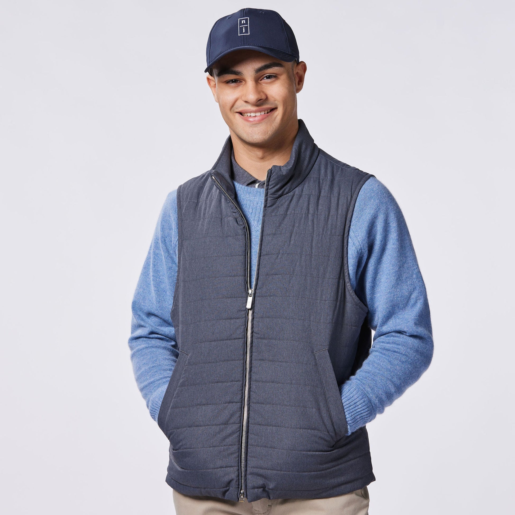 Nicholas James Steel Grey Performance Vest on model