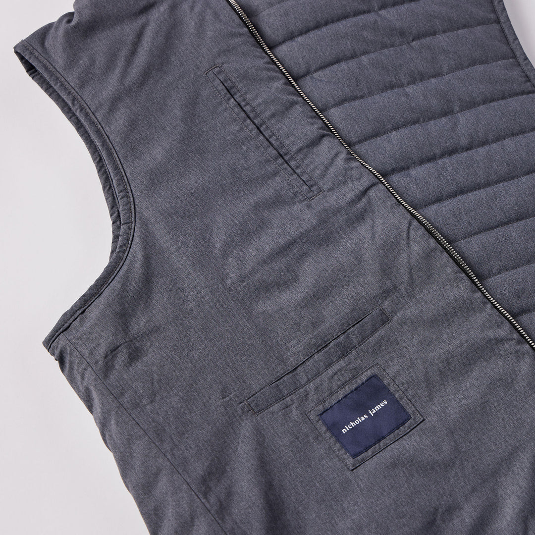 Nicholas James Performance Vest layer with interior pocket detail in Steel Grey Color.