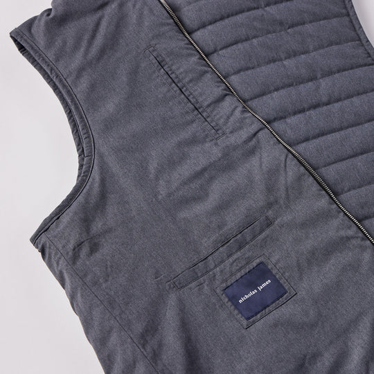 Nicholas James Performance Vest layer with interior pocket detail in Steel Grey Color.