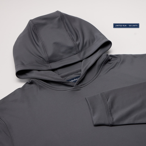 Gray hoodie with nicholas james logo on a light gray background