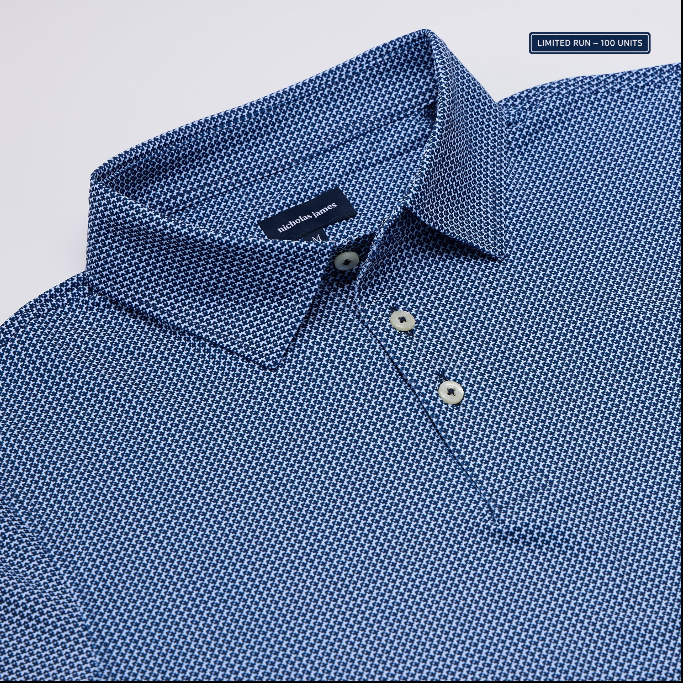 Blue patterned shirt with collar and buttons on a light gray background